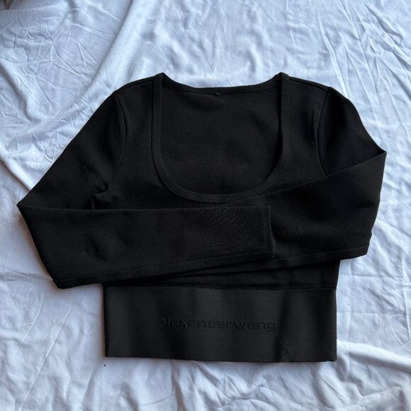 Alexander Wang Black Long Sleeve Crop Top with Logo Elastic - Picture 2 of 8